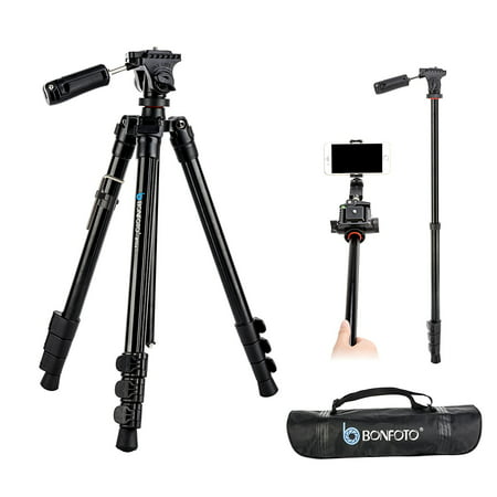 BONFOTO B73A 58' Portable Aluminum Alloy Lightweight Camera Travel Tripod and Monopod with Panorama Pan Head,Quick Release Plate and Carry Bag for Smartphones and Most DSLR Cameras with 1/4'