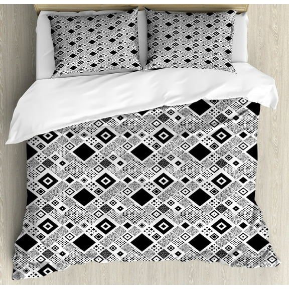 Black and White King Size Duvet Cover Set, Geometrical Diagonal Pattern with Various Different Squares Contemporary, Decorative 3 Piece Bedding Set with 2 Pillow Shams, Black White, by Ambesonne