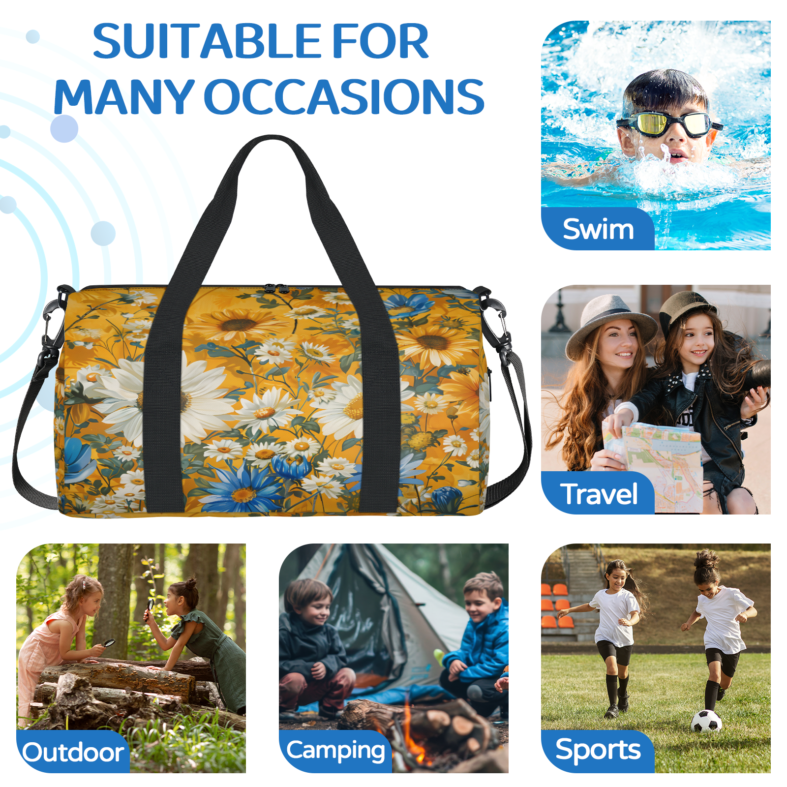 Herdesigns Farmhouse Gym Bag for Women, Duffle Bag for Travel Sport, Spring Rustic Sunflower Daisy Lightweight Waterproof Carry on Weekender Dance Yoga Workout Bags