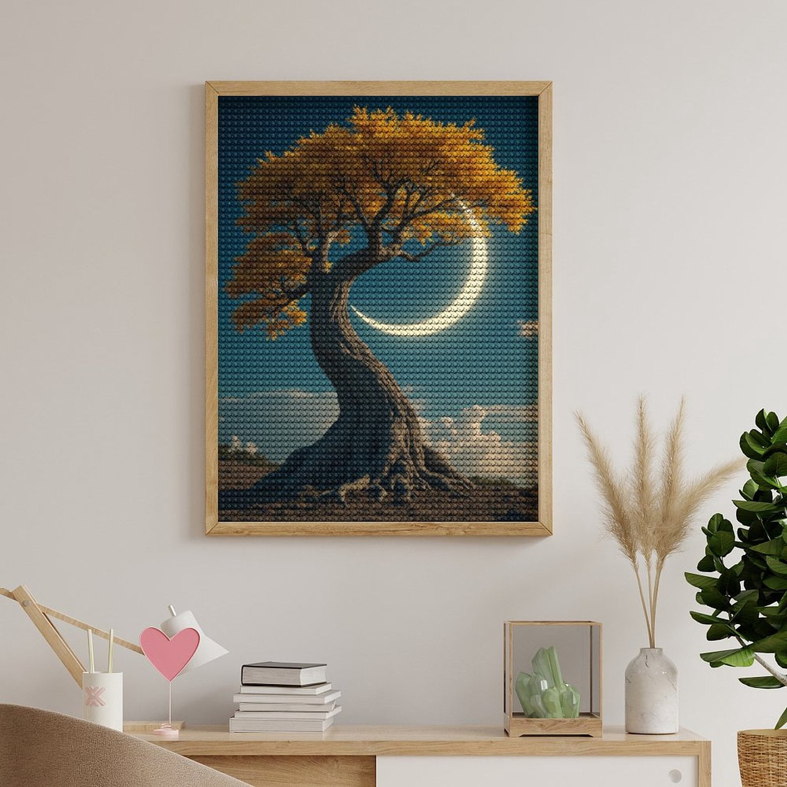 Diamond Art Kits for Adults, Golden Tree Crescent Moon Sky 5D Diamond Painting Kits for Adults Beginners, DIY Full Drill Diamond Painting, Gem Art and Crafts 12x16