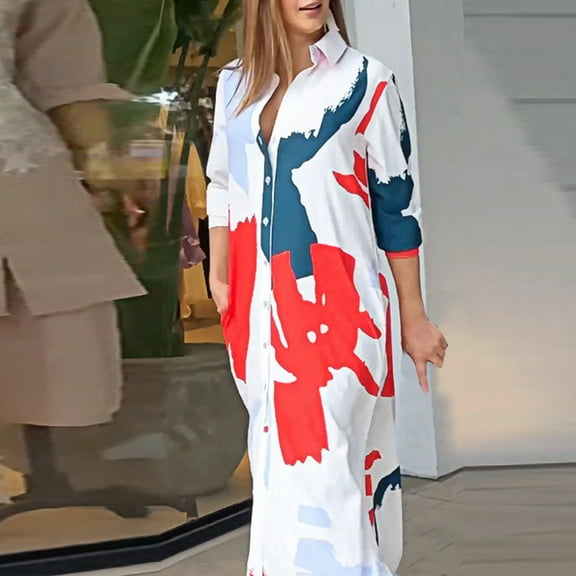 Herrnalise Womens fashion Neck Button Casual Contrast Color Print Color Long Sleeve Dress Christmas Gifts For Women