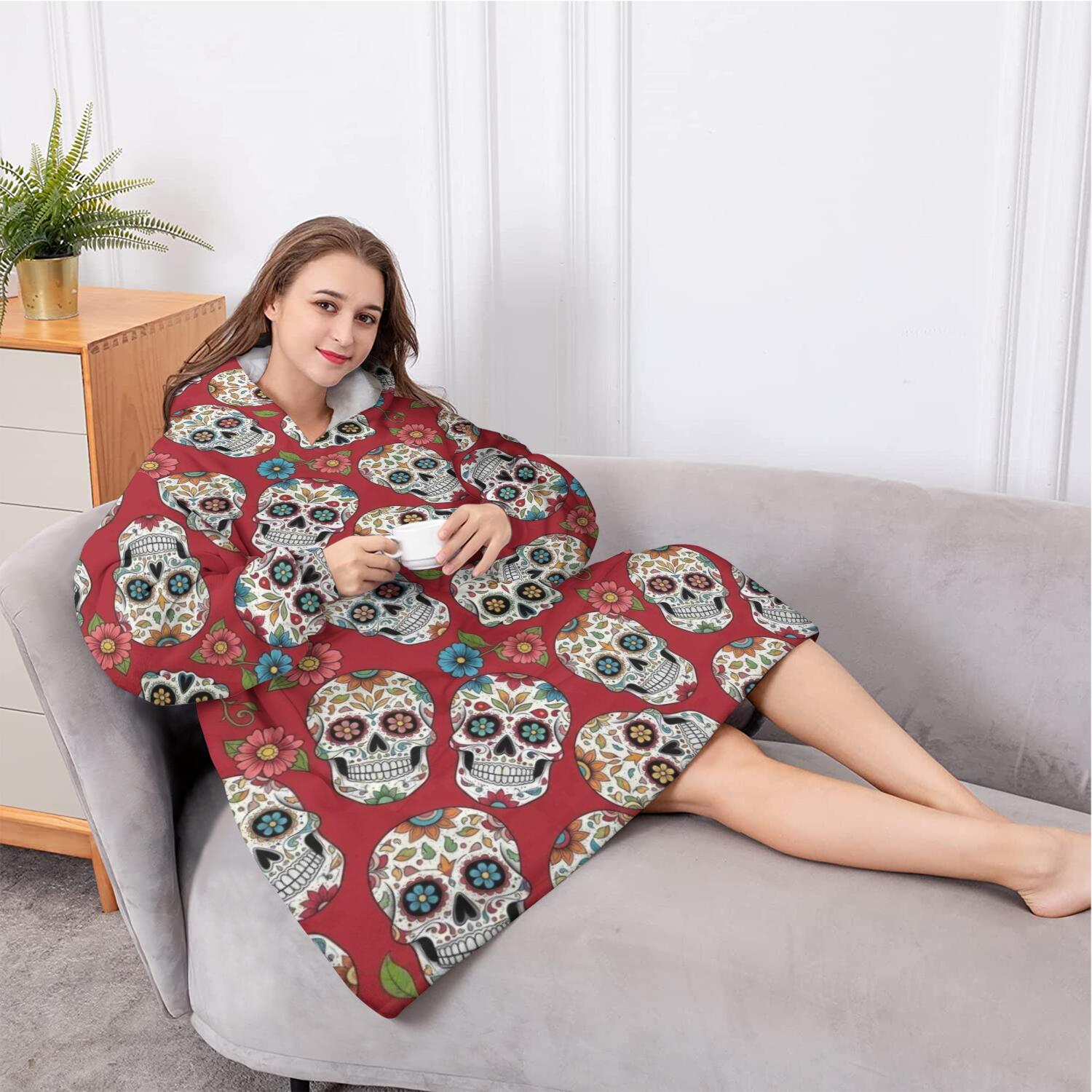 Oversized Wearable Blanket Hoodie,Red Flower Skull Pattern Sherpa Blanket Hoodie with Super Pockets,Super Warm Fuzzy Pullover for Women & Men