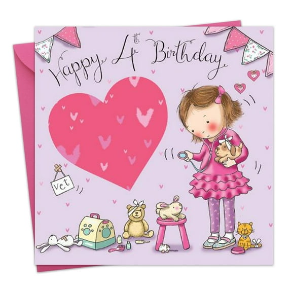 Twizler 4th Birthday Card for Girls - Vet - Children's Age 4 Happy Birthday Greeting Card for Daughter Granddaughter Niece Kids