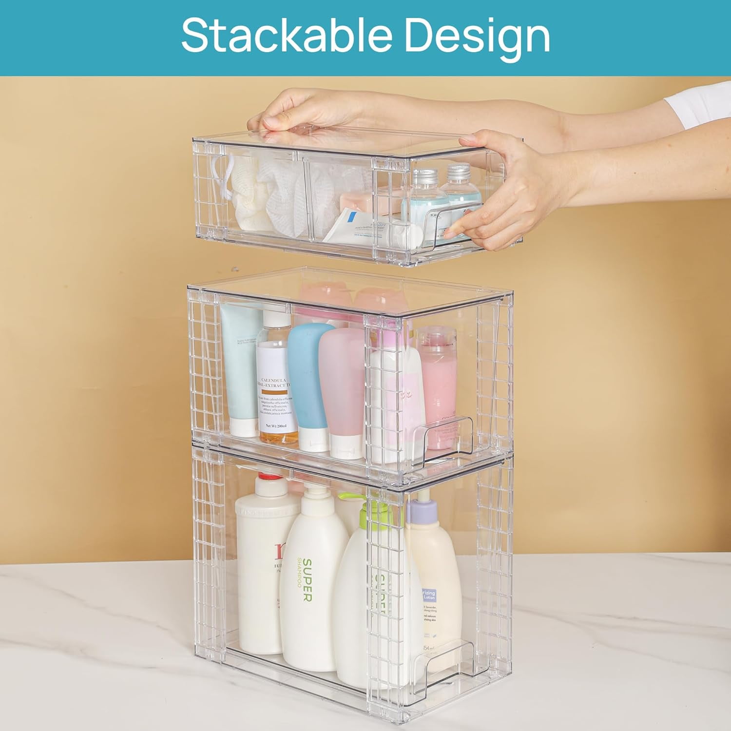 3 Pack Clear Stackable Storage Drawers,Easy to Assemble Bathroom Organizers and Storage with handles,Plastic Drawers for Kitchen Pantry,Cabinet,Under Sink Organization