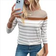 thumbnail image 3 of Camiseta de Larga con Cuello Redondo y Estampado de Rayas para Mujer, de Punto Suave con Bloques de Color Caqui S, 3 of 10