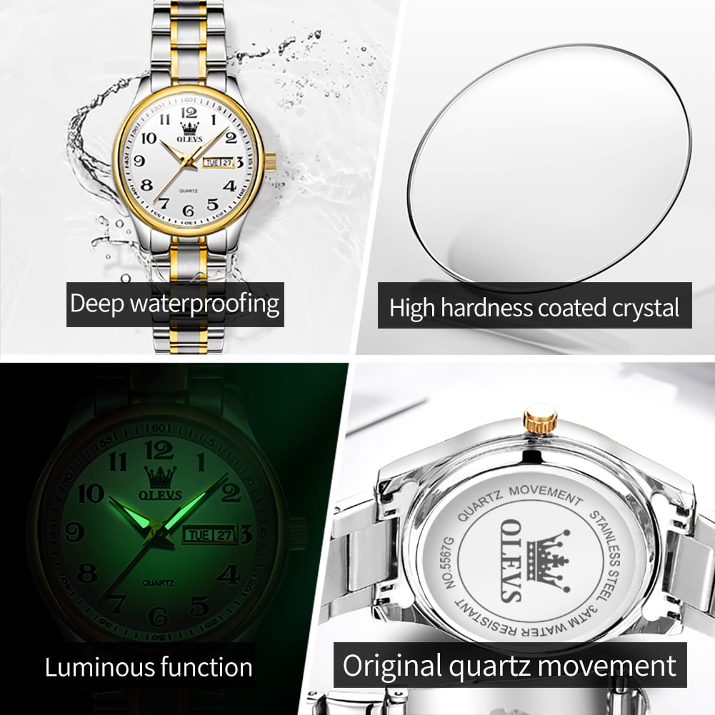 OLEVS Watches for Women Business Dress Two Tone Gold Plated Stainless Steel Analog Quartz Digital Date Waterproof Luminous Ladies Wrist Watches Relojes para Mujer