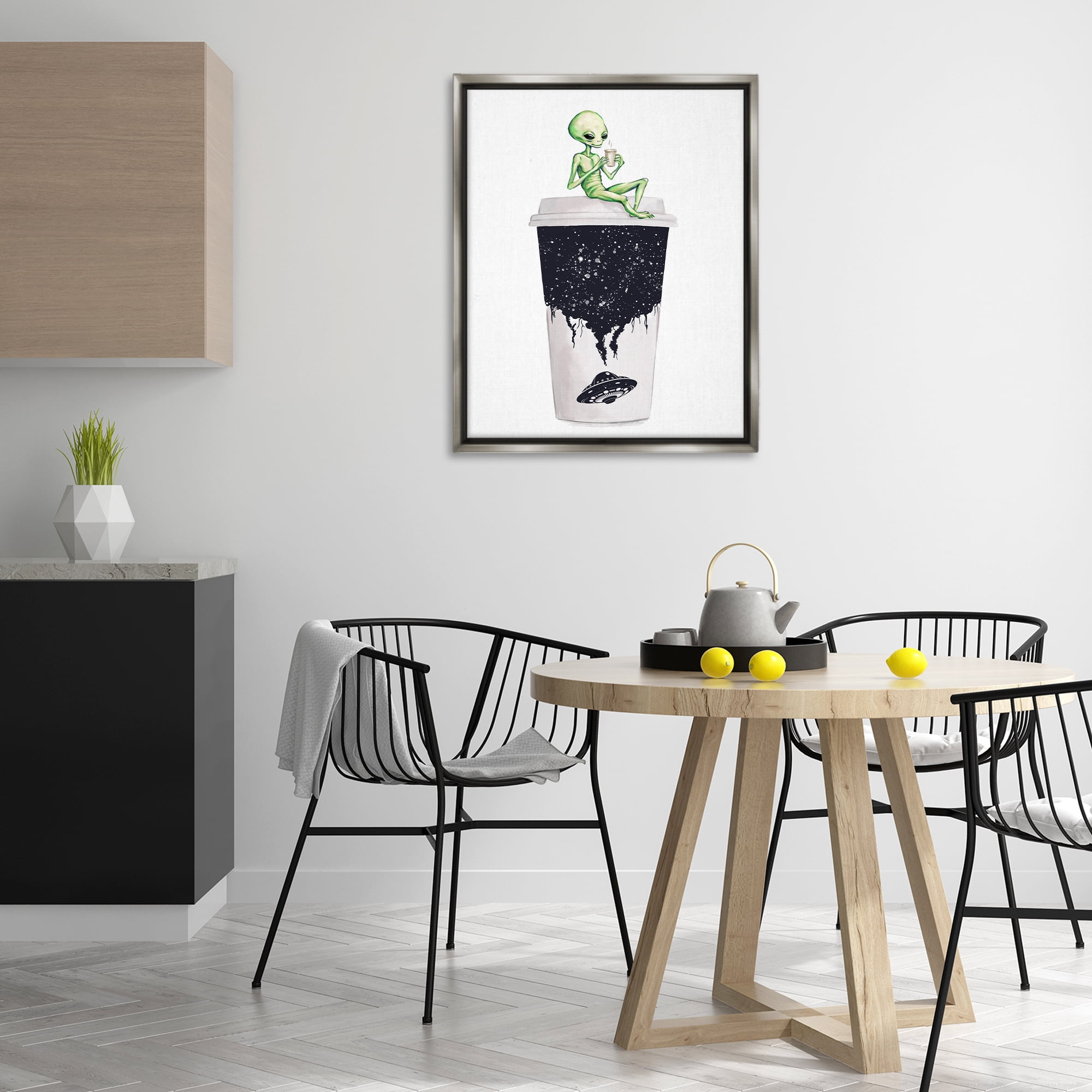 Stupell Industries Alien & Coffee Cup Novelty Painting Gray Floater Framed Art Print Wall Art, 25 x 31