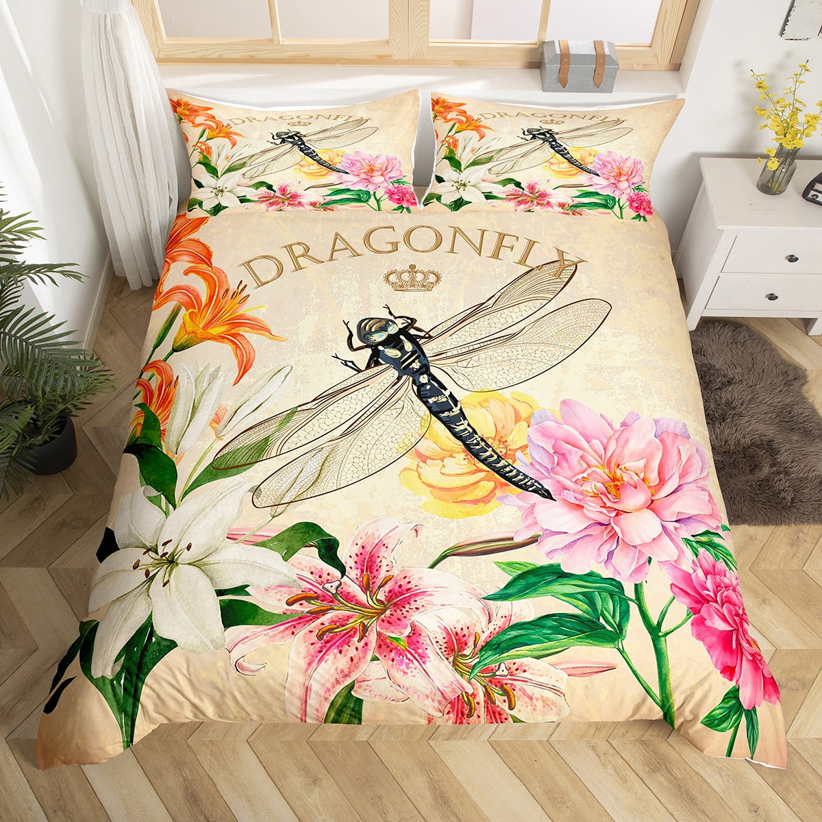 Dragonflies Duvet Cover Flowers Bedding Set Dragonfly Decor,Brown