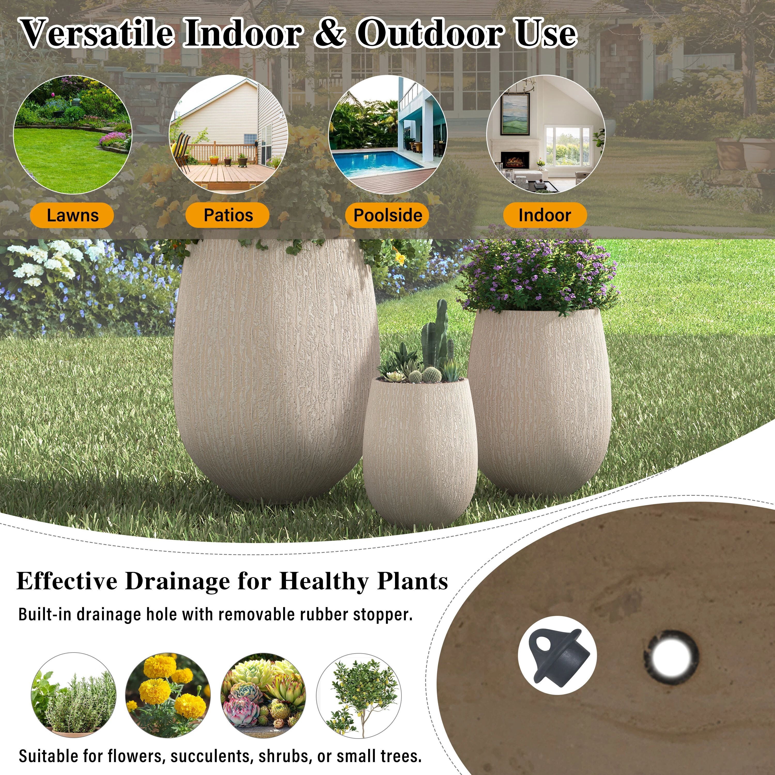 Euroco Lightweight MGO Planter Set of 3, 15.6"+10.8"+7.3" Egg-Shaped Outdoor Flower Pots with Drainage Holes & Rubber Plug,Modern Stone-Look Textured Decorative Pots for Garden, Patio, Home, Office