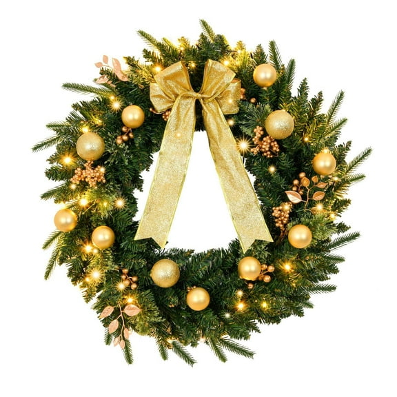 YUNOVA 24 Inch Battery Operated Christmas Wreath with Remote - Pre-Lit Artificial Xmas Wreath Decor, 50 Warm White LED Lights, Gold Ornaments for Front Door, Indoor Outdoor Holiday Decorations