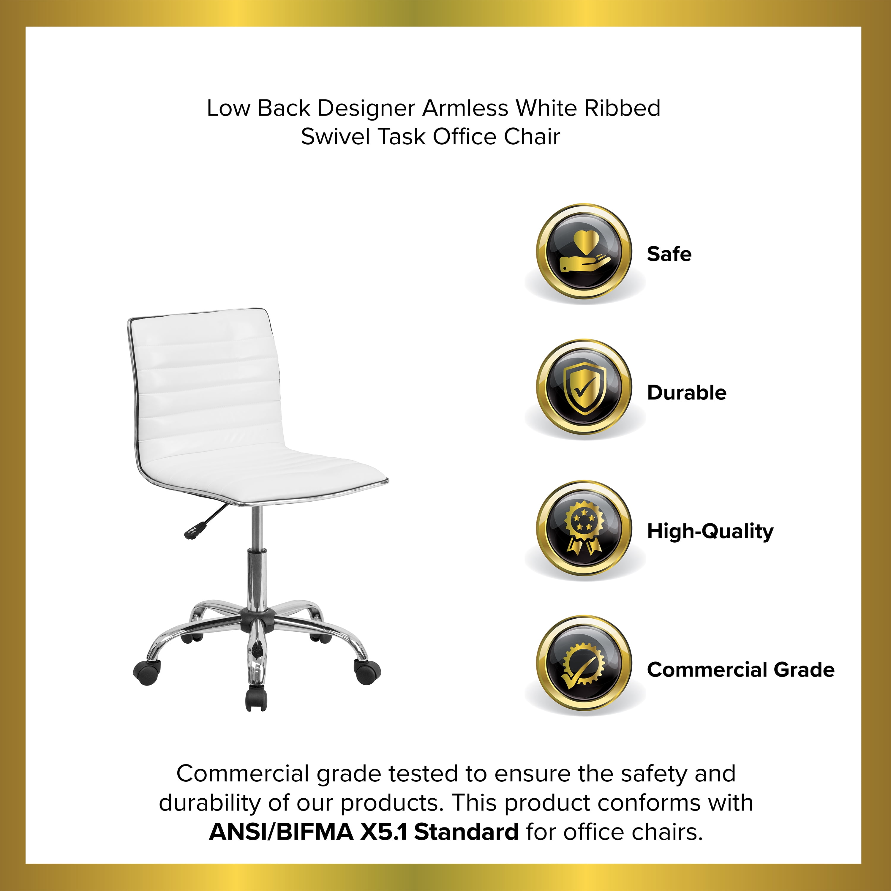 Merrick Lane Home Office Chair Ergonomic White Ribbed Low Back and Seat Armless Contemporary Computer Desk Chair with Chrome Border