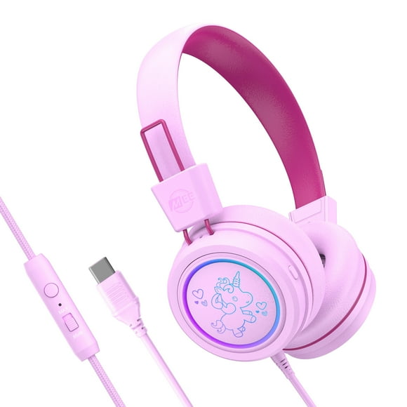 MEE audio KidJamz KJ55 Écouteurs pour Enfants USB-C à Écoute Sécuritaire avec Lumières LED pour Garçons et Filles / Étudiants / École / Bibliothèque / Salle de Classe (Rose)