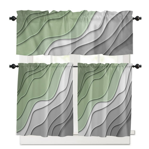 Modern Abstract, Kitchen Curtains and Valances Set, 3 Piece Kitchen Curtains Set 36 Inch Length, Ombre Sage Green Geometric Line Rod Pocket Curtains Tier Farmhouse Window Curtains