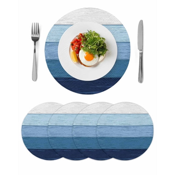 Blue Ombre Round 13 Inch Placemats Set of 4, Farmhouse Vintage Wooden Striped HeatResistant Non Slip Place Mats for Dining Table, Wipeable Braided Kitchen Table Mats for Housewarming