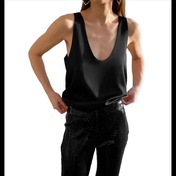 Camiseta Sin Mangas Informal de Satén con Cuello en U de Verano para Mujer, Color Negro, Talla L