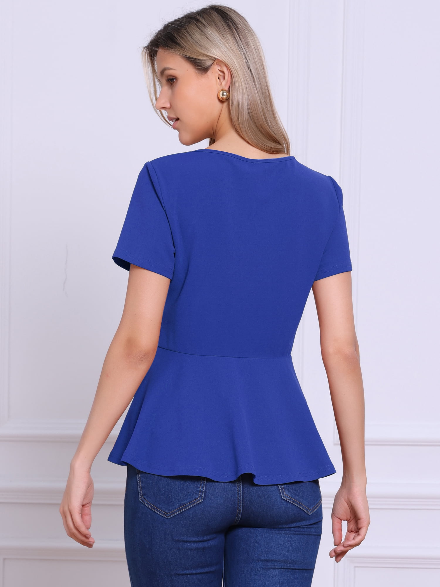 DARING DIVA Women's Peplum Tops Short Sleeve Crew Neck Blouse S Royal Blue