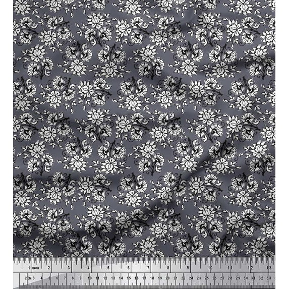 Soimoi Velvet Fabric Leaves & Floral Block Printed Fabric 1 Yard 58 Inch Wide