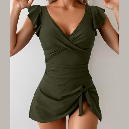 Yanyanz One Piece Swimsuit Women Women S Spring/Summer V Neck Lace Split Solid Color Swimsuit Sexy One Piece Swimsuit for Women Tummy Control Swimsuits for Women Clearance Army Green 3Xl