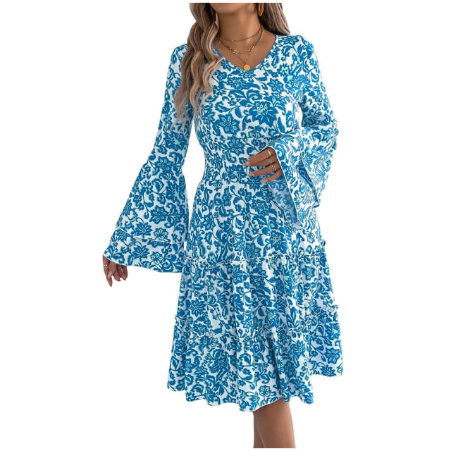 Wo-Fusoul Robe à Manches Longues pour Femmes, Robe Maxi d'Été Décontractée à Col en V, Robe Longue Unie, Bleu