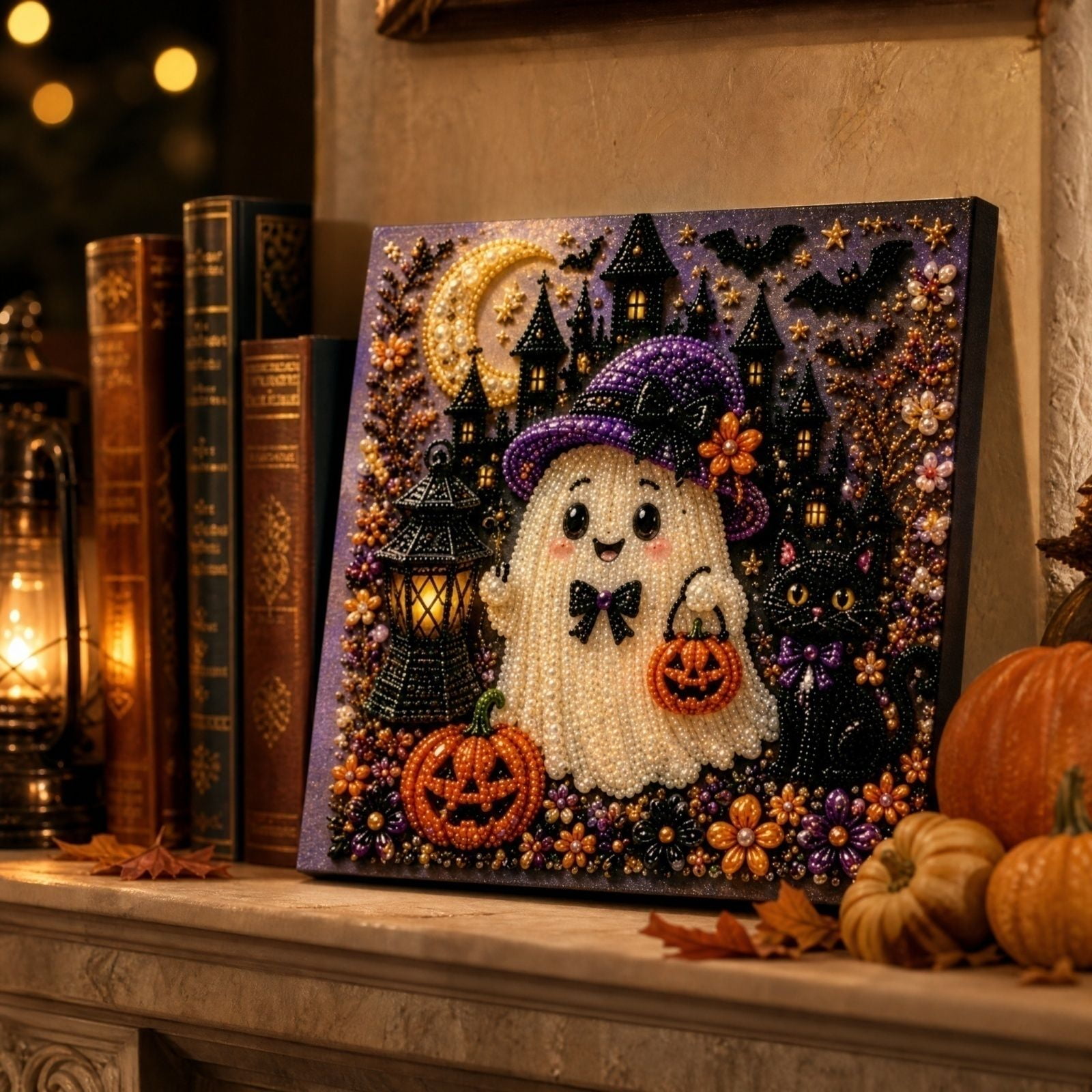 Halloween Diamond Painting Kits for Adults 3D Spooky Cute Ghost Pearl Art Craft Set Cat Pumpkin Haunted Castle Pearl Bead Embroidery Paint by Numbers Kit for Home Wall Decor,A