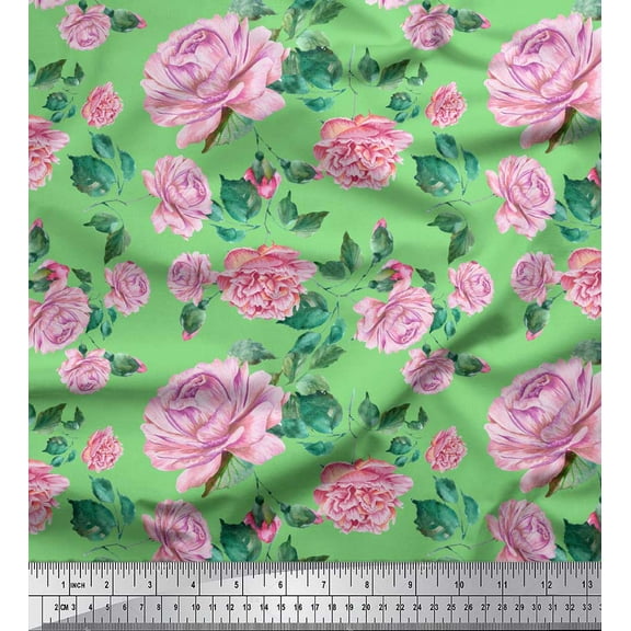 Soimoi Green Cotton Duck Fabric Leaves & Peony Floral Decor Fabric Printed Yard 42 Inch Wide