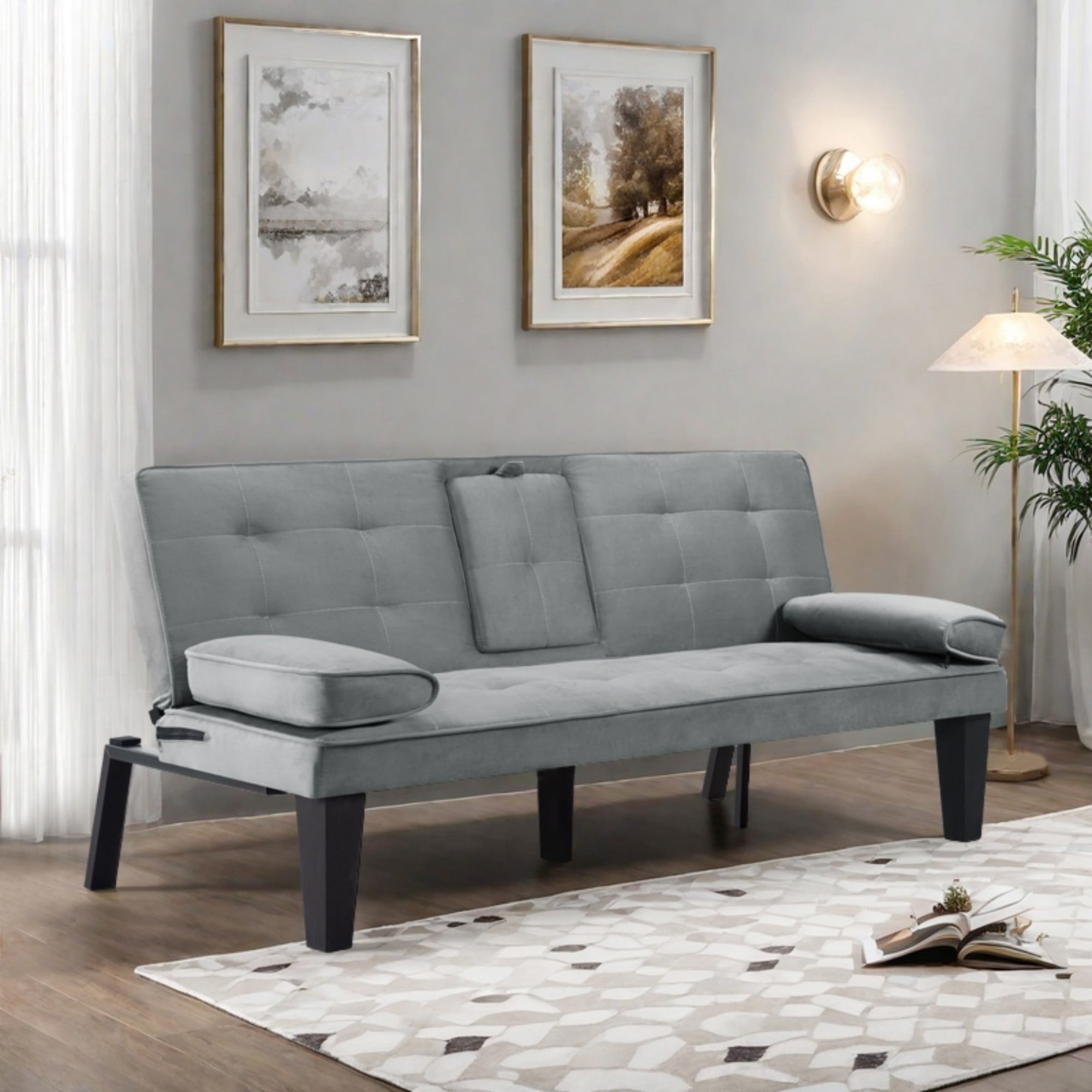 Gewnee 65''Futon Sofa Bed,3-Position Adjustable Folding Multi-Functional Sleeper Sofa with Cup Holder,Suitable for Living Room,Office and Guest Room.(Light Grey)
