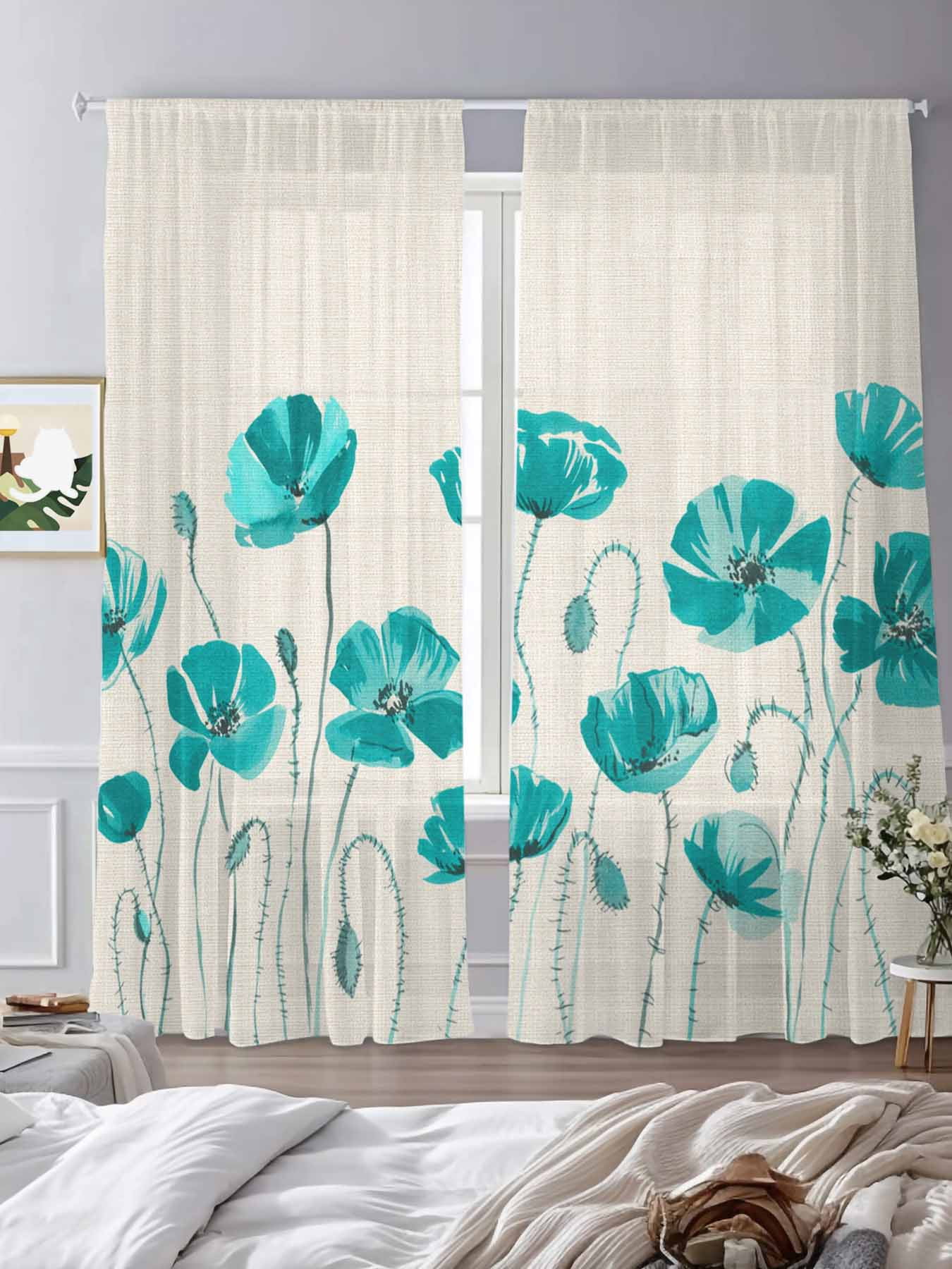 Teal Floral Sheer Curtains 2 Panels Set Watercolor Autumn Turquoise Wildflowers Plant Linen Texture Sheer Window Curtains Light Filtering Rod Pocket Voile Drapes for Bedroom Living Room 52"X108"