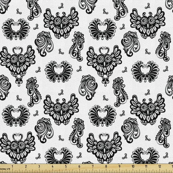 Ambesonne Gothic Fabric by the Yard Upholstery, Victorian Owls Flourish, 10 Yards, Black Grey White