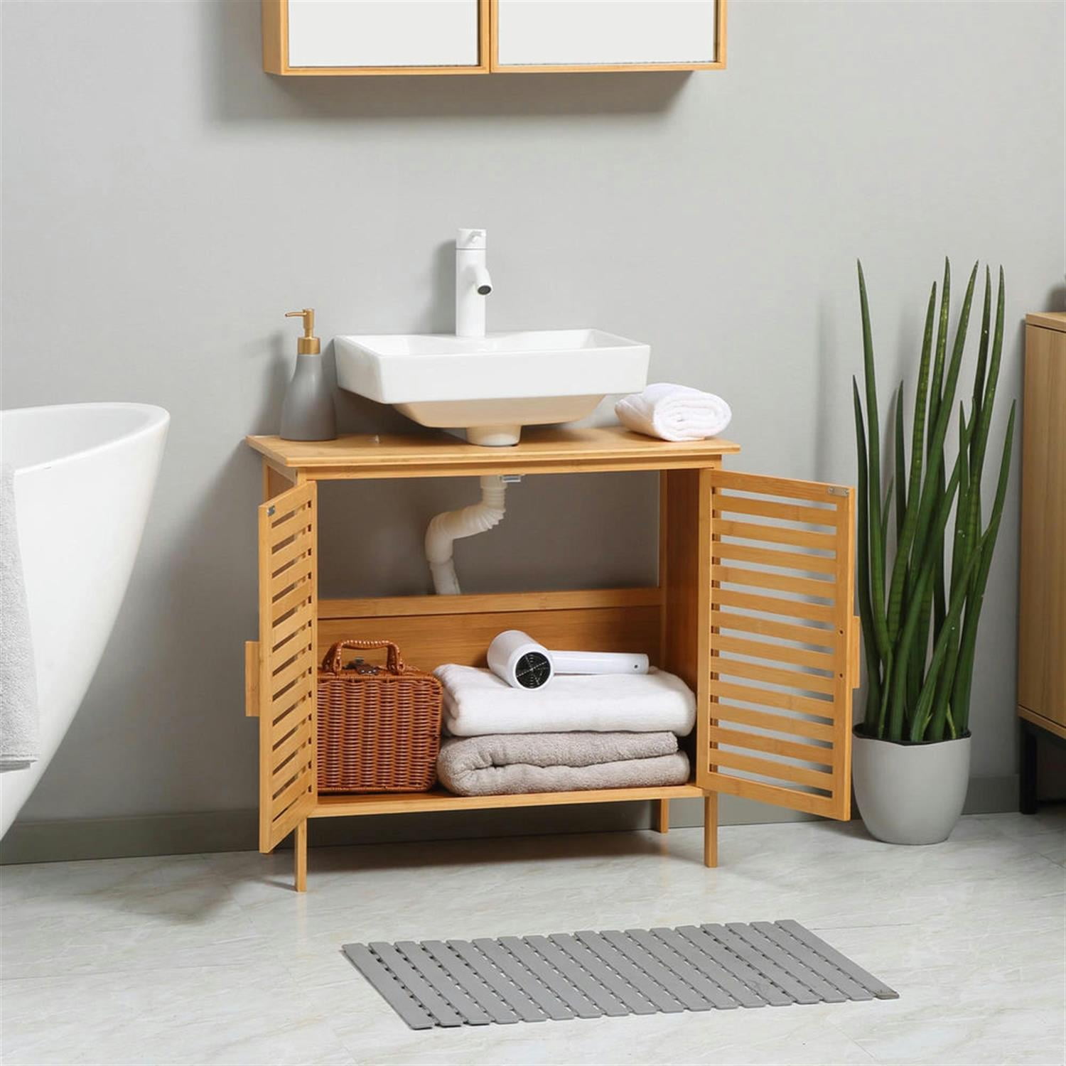 Demi Bonn 23" Bamboo Bathroom Vanity with U-Shape Cut-Out and Slatted Doors, Pedestal Sink 2-Door Cabinet, Under Sink Cabinet, Brown