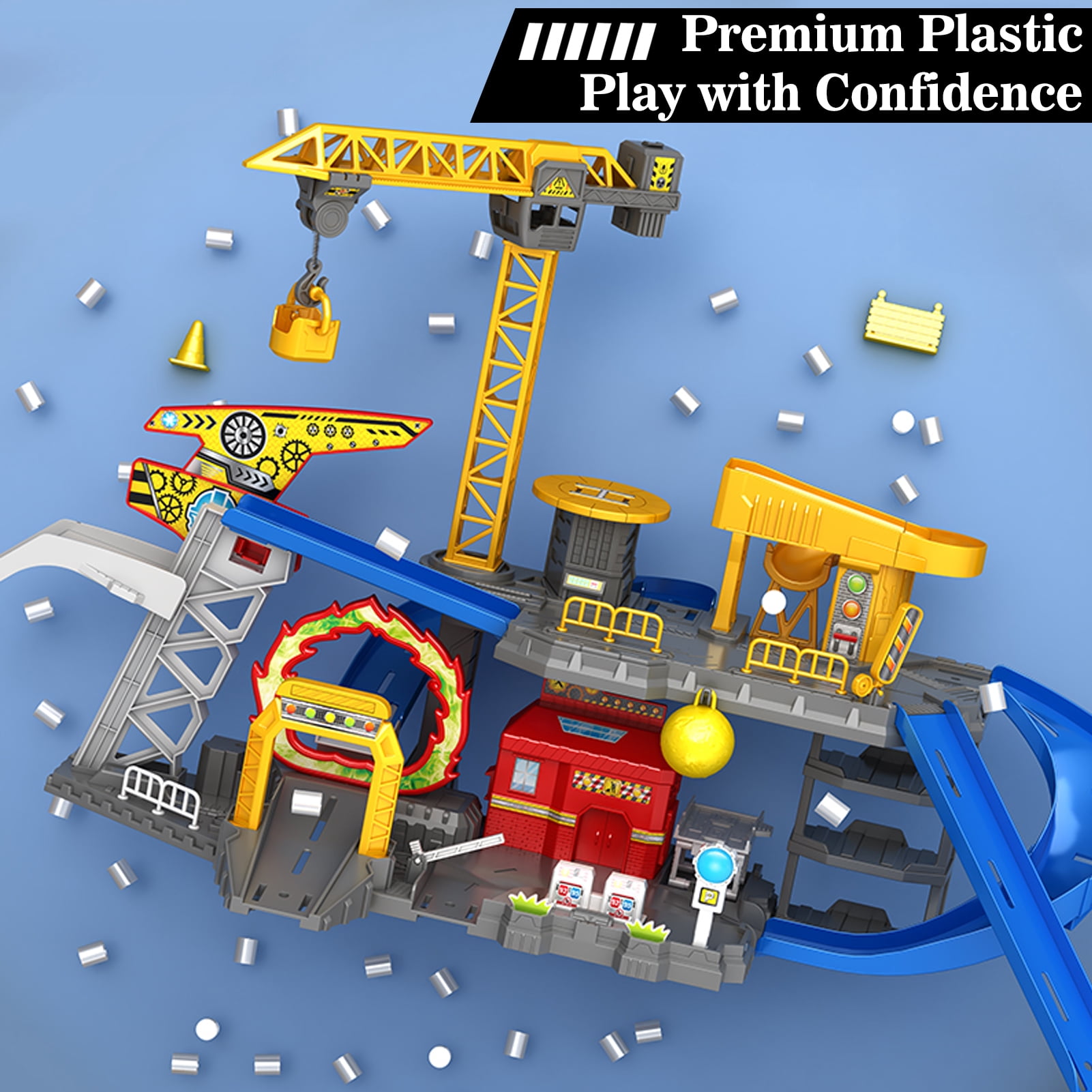 Frontoytall Construction Vehicles Track Set with Excavator, Dump Truck, Cement Truck, Wheel Loader & Rotating Crane, Interactive STEM Building Toy for Kids Ages 3-12