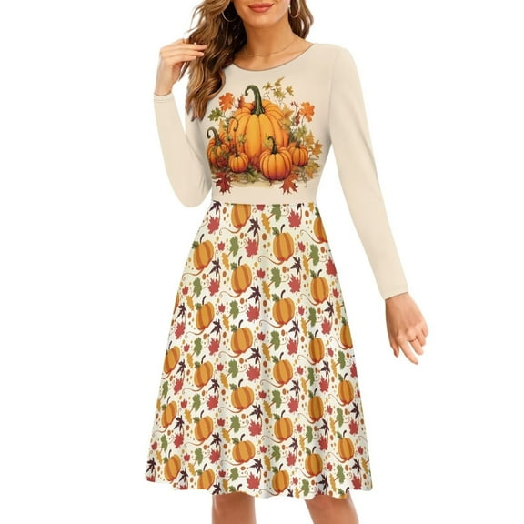 FKELYI Fall Pumpkin Women Dress Size L Leisure Women's Wear to Work Dresses Midi Breathable Thanksgiving Maple Leaf Twirl Swing Dresses