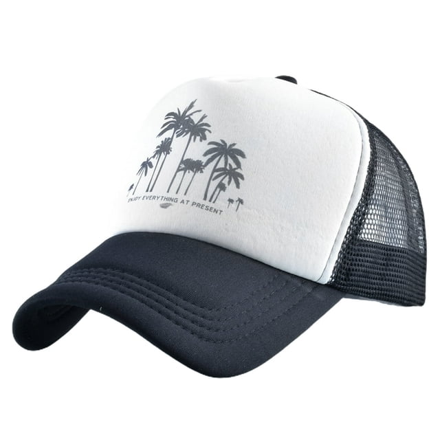 Men Baseball Hat Hollow Out Breathable Mesh Coconut Tree Print Long Brim Sunscreen Adjustable Baseball Sport Summer Trucker Hat Clothes Accessory