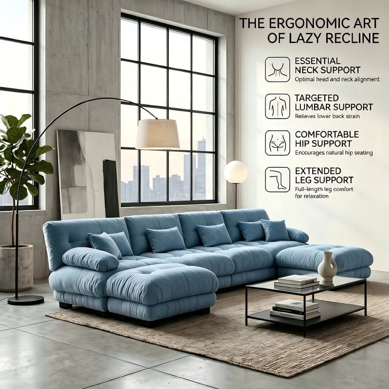 ANPPORT Cloud Couch Sleeper Sofa, Chenille Blue 4-Seater Modular Sofa with 2 Ottomans, 4 Lumbar pillows, 2 Pillows, Comfy Deep Seat Cloud Sofa, Convertible L-Shaped Floor Couch for Living Room