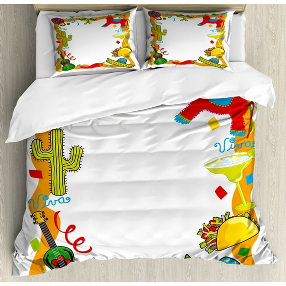 Fiesta Duvet Cover Set Queen Size, Cartoon Drawing Style Mexican Pinata Taco Chili Pepper Sugar Skull Pattern Guitar, Decorative 3 Piece Bedding Set with 2 Pillow Shams, Multicolor, by Ambesonne