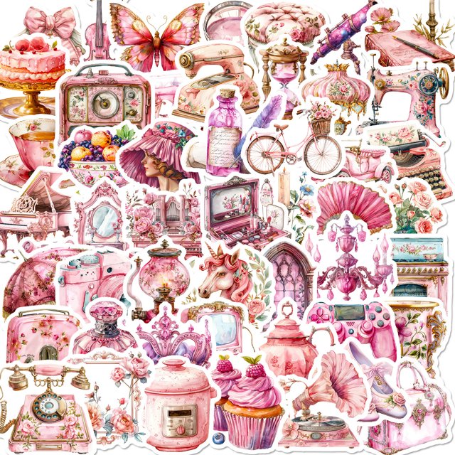 Paquete de pegatinas retro, rosa, estética vintage, 50 unidades