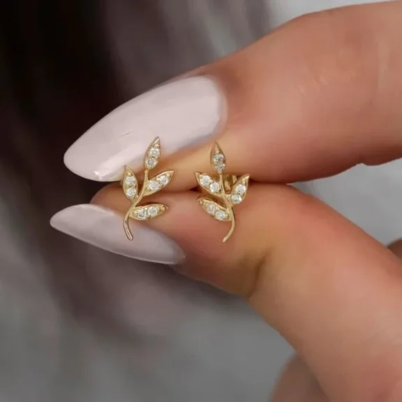 1 CT Genuine Moissanite Tiny Leaf Stud Earrings 14K Yellow Gold Plated Silver