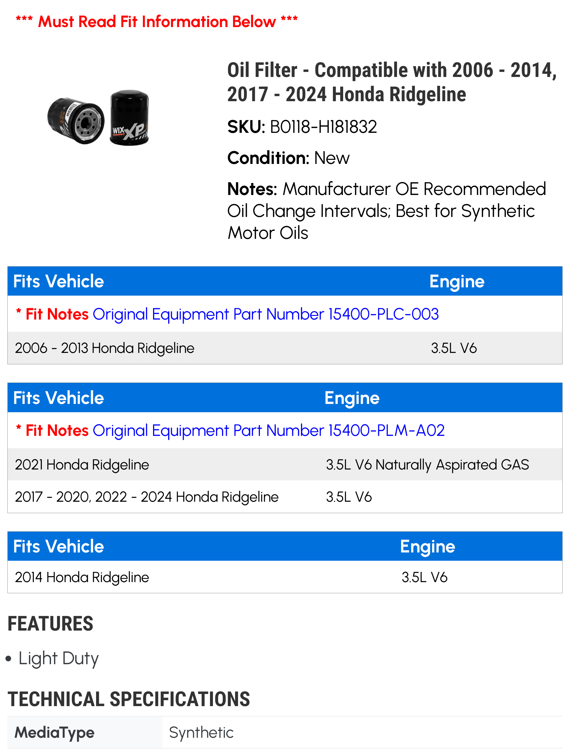 Oil Filter - Compatible with 2006 - 2014, 2017 - 2024 Honda Ridgeline 2007 2008 2009 2010 2011 2012 2013 2018 2019 2020 2021 2022 2023