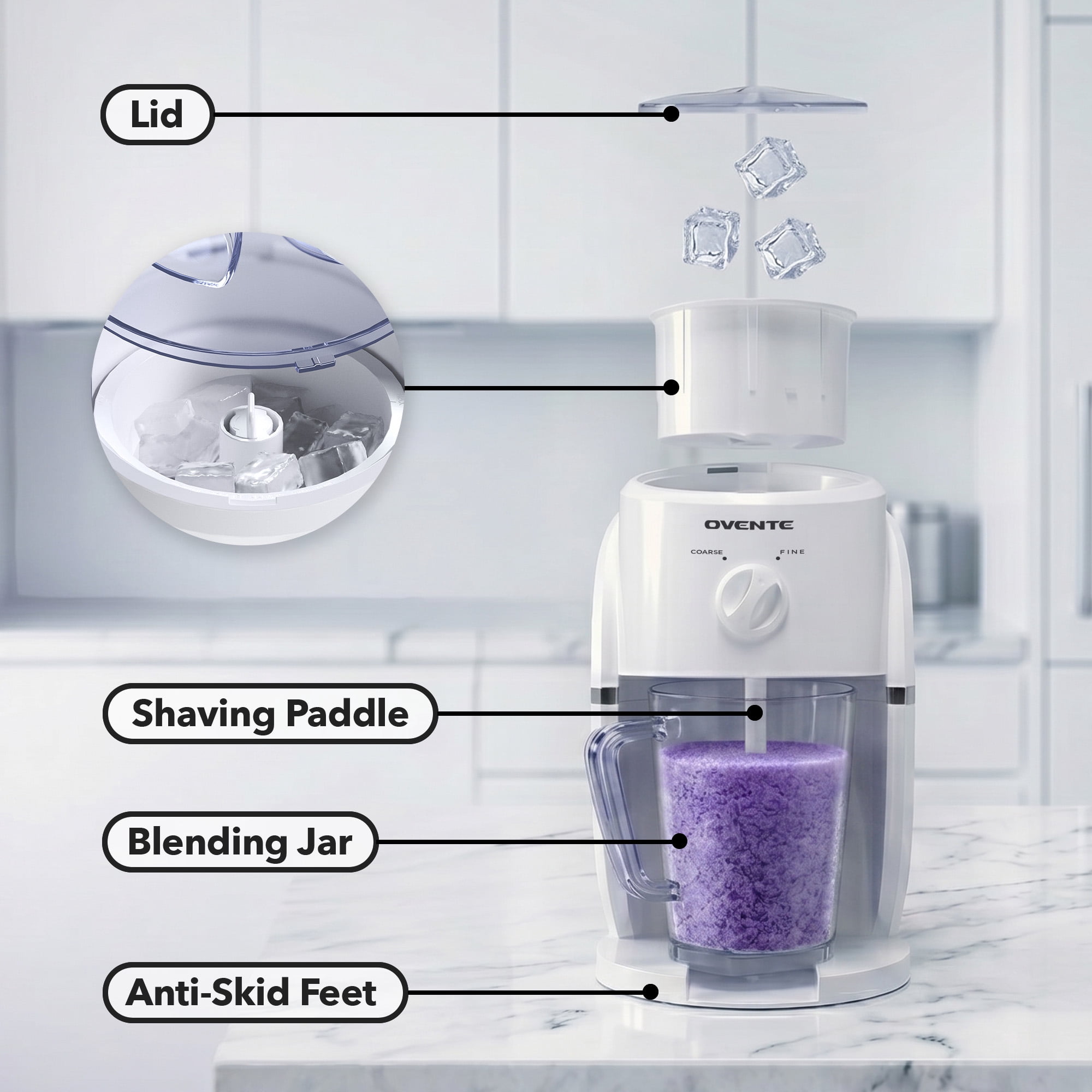 OVENTE Electric Shaved Ice Machine, 2 Shaving Settings, 45W, White ICR2037W | With Blending Jar/Serving Pitcher, Easy-to-Use Slushy & Snow Cone Maker for Homemade Treats, Frozen Cocktails & More