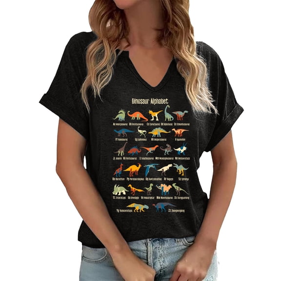 DHFJKG Women's Graphic T Shirt Dinosaur Printed Short Sleeve V Neck Tees Tops Casual Summer Outfit