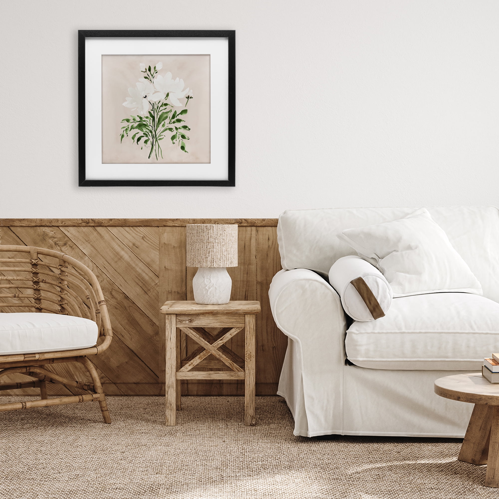 Stupell Industries White On Tan Floral Black Framed Print Under Glass, design by Lucille Price
