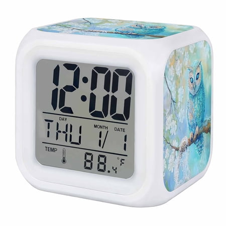 Teal Blue Owl Digital Alarm Clock for Bedrooms, Smart LED Alarm Clock with 7 Color Changing Night Light, Modern Flowers Birds on Branch Silent Wake Up Clocks for Sleep Study Cooking 3.2x3.2