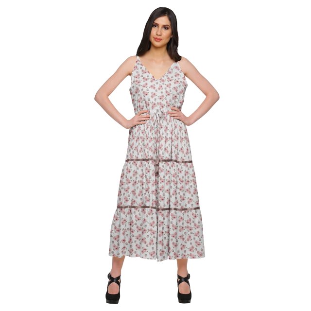 Moomaya Robe Longue maxi en Coton à Col en V Sans Manches à Bretelles Spaghetti Vêtements Décontractés