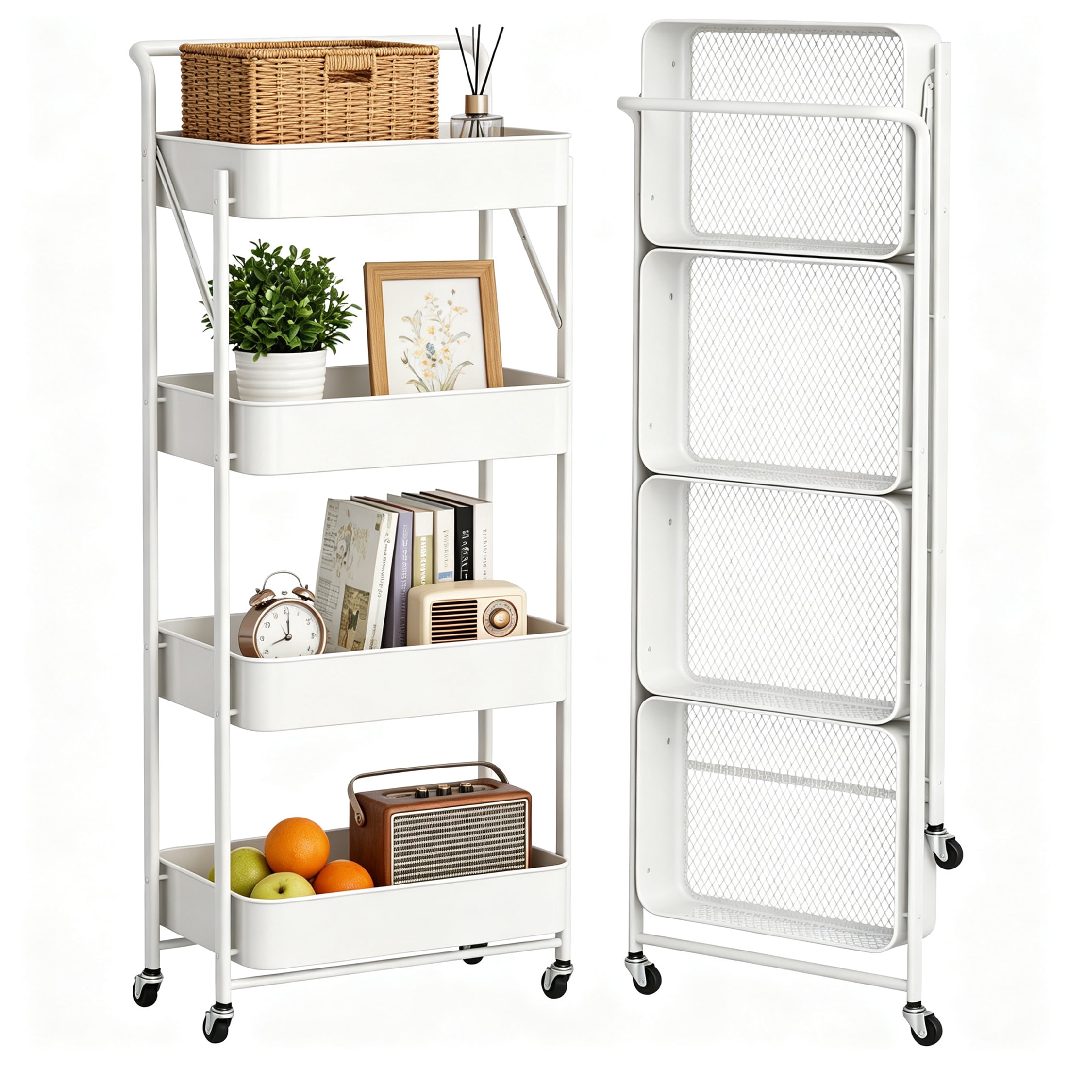 GARITIN 4 Tier Folding Rolling Cart, Folding Utility Cart with Lockable Wheels and Handle, Mobile Foldable Storage Cart Organizer for Kitchen, Bathroom, Office, Living Room