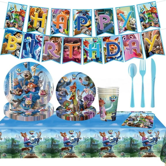 Zootopia birthday party decorations include Zootopia birthday banners, tablecloths, plates, napkins, cups, cutlery, and Zootopia party decorations suitable for girls and children.