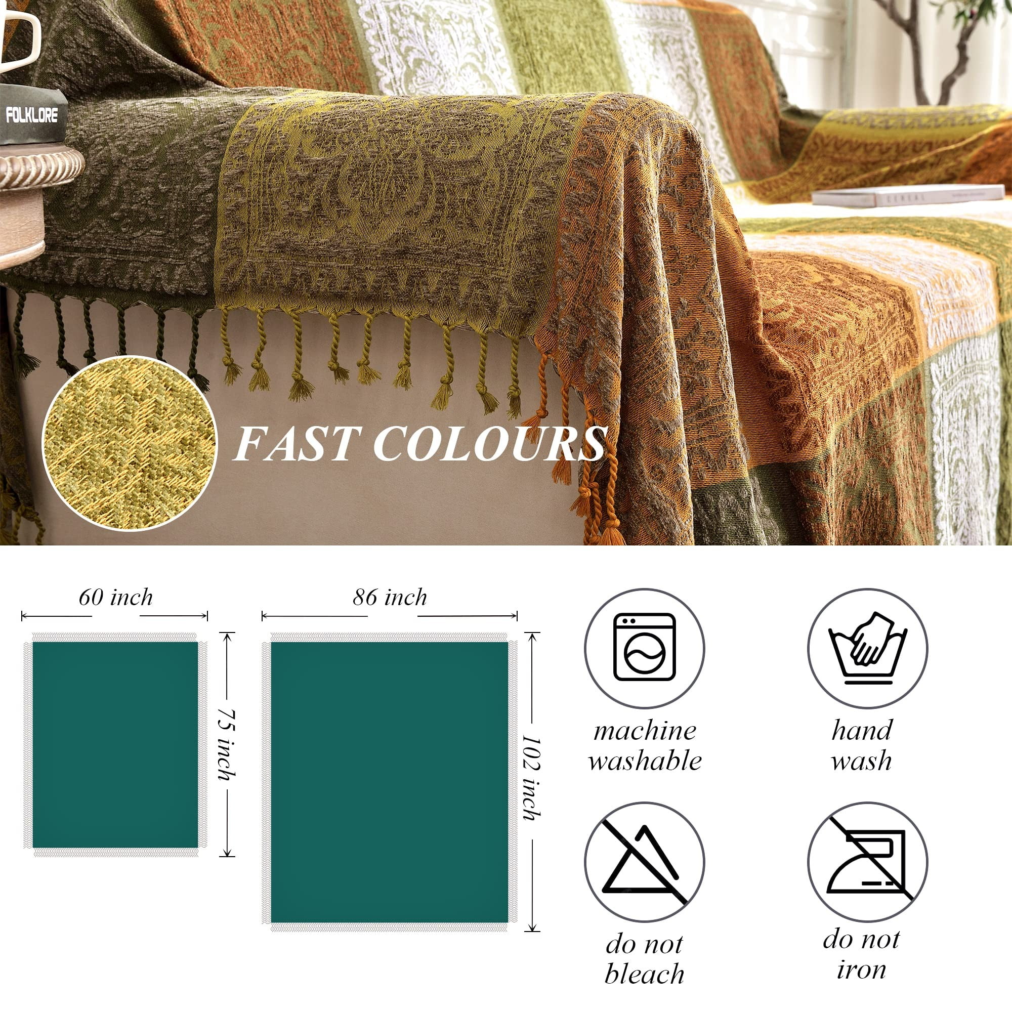 Boho Throw Blanket, Bohemian Tassels Throw Blankets for Bed Couch Soft Chair， Chenille Fringe Tassels ( Green, Large 86*102Inches)