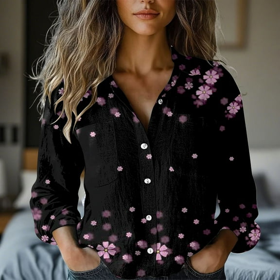 Oversized Tshirts for Women, Long Sleeved Printed Button Down Shirt Top, Pink XL