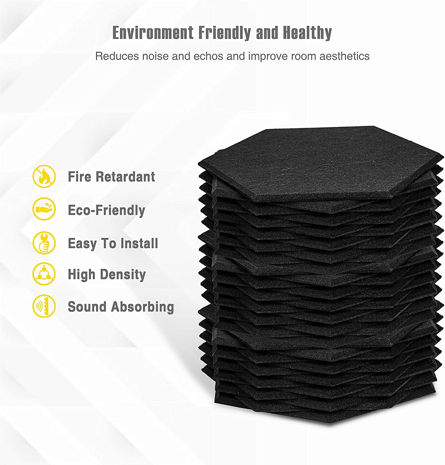 Sonic Acoustics Hexagon Sound Absorption Panels, Beveled Foam Wall Tiles for Noise Reduction, Black Acoustic Damper, 12 X 14 X 0.4 In, 12 pack