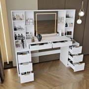 Makeup Vanity Desk with Mirror and Lights, 59 Large Vanity Table with 8Drawers & Open Storage Shelves, Brightness Adjustable, Dressing Table for Bedroom, Women Girl