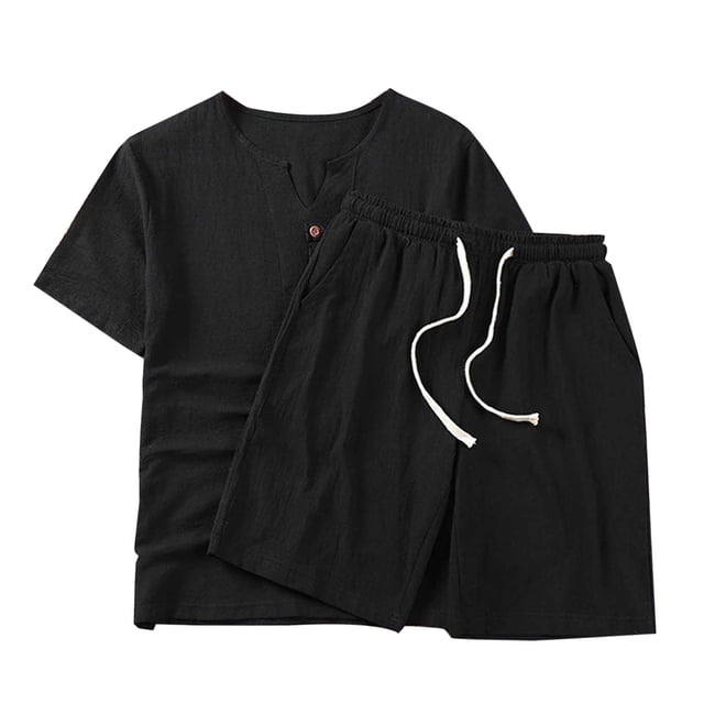 Mens Botón de la Camisa de Algodón-Lino de Color Sólido de Bolsillo con Cordón Pantalones Cortos Conjunto, Manga Corta V-Cuello Blusa para el Verano