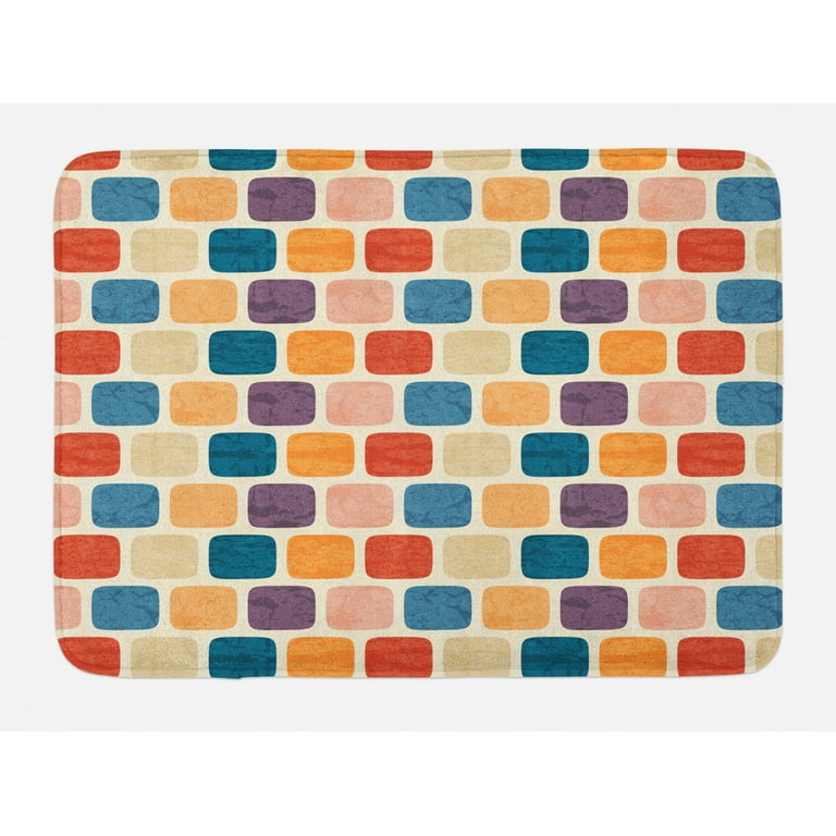 Ambesonne Off White Bath Mat, Colorful and Round Squares Architectural Like Brick Wall Looking Design, Plush Bathroom Decor Mat with Non Slip Backing, 29.5 inch